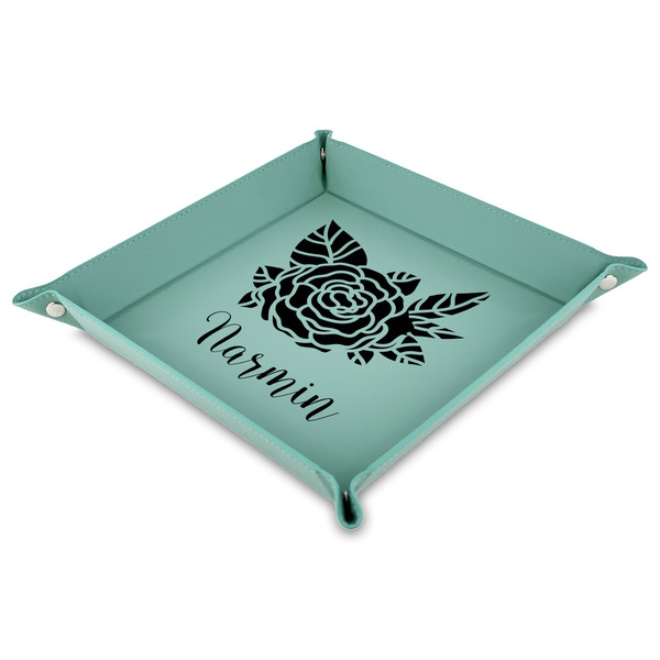 Custom Watercolor Peonies 9" x 9" Teal Faux Leather Valet Tray (Personalized)