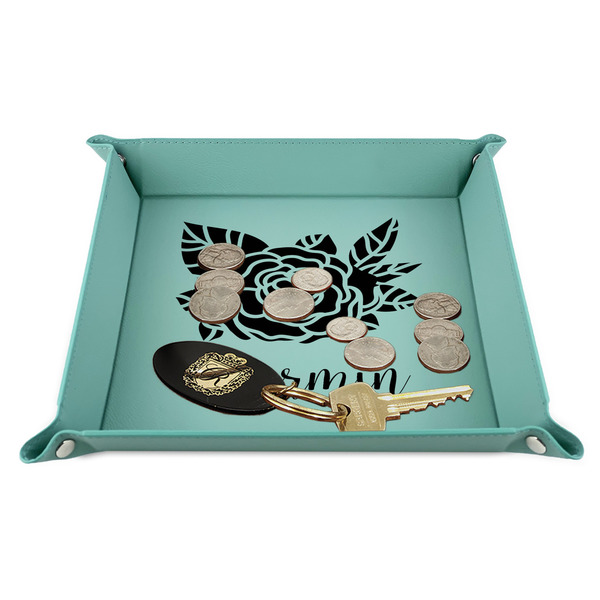 Watercolor Peonies 9" x 9" Teal Leatherette Snap Up Tray - STYLED
