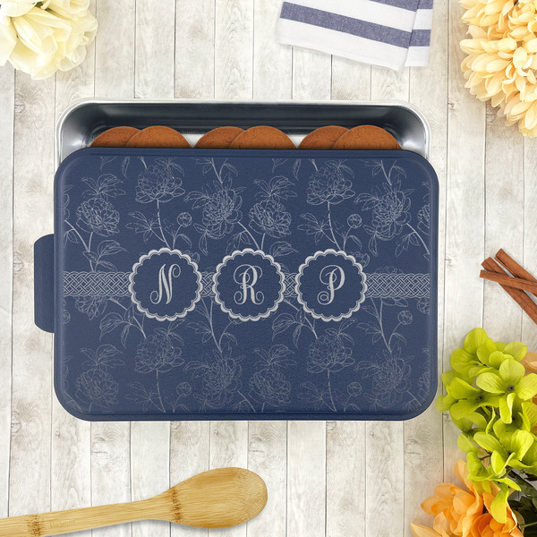 Watercolor Peonies Aluminum Baking Pan - Navy Lid - LIFESTYLE