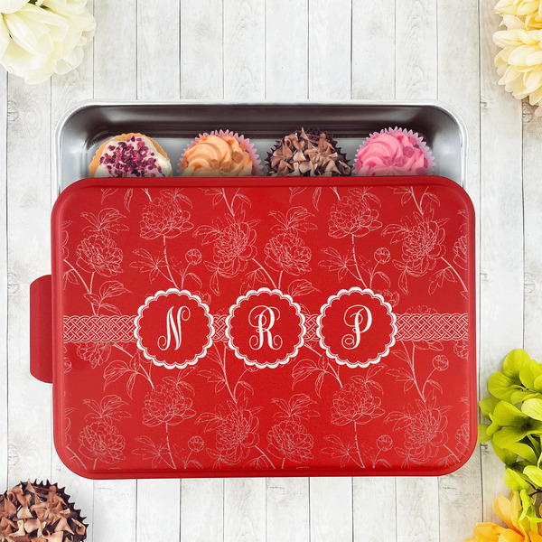 Watercolor Peonies Aluminum Baking Pan - Red Lid - LIFESTYLE