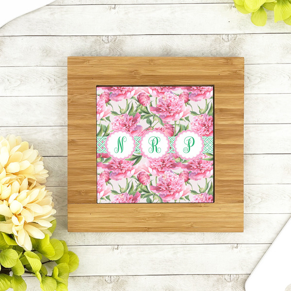 Watercolor Peonies Bamboo Trivet with 6" Tile - LIFESTYLE