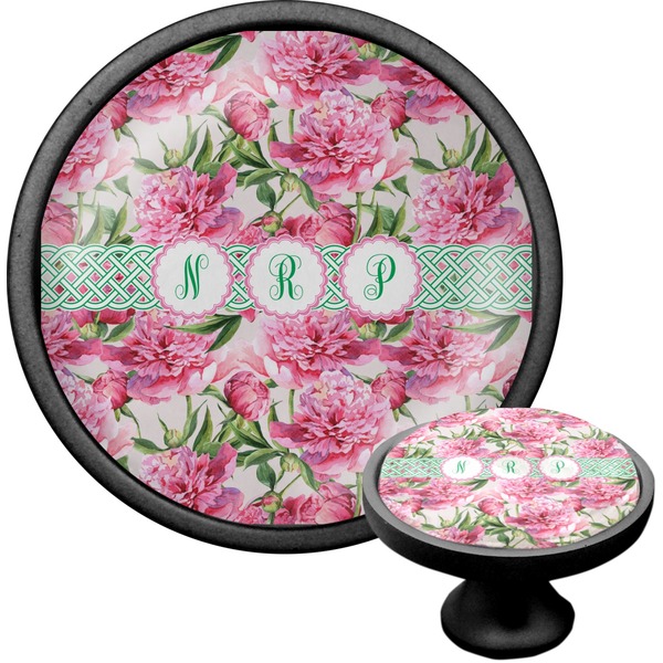 Custom Watercolor Peonies Cabinet Knob (Black) (Personalized)
