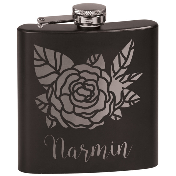 Custom Watercolor Peonies Black Flask Set (Personalized)