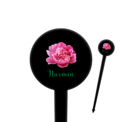 Watercolor Peonies 4" Round Plastic Food Picks - Black - Single Sided (Personalized)