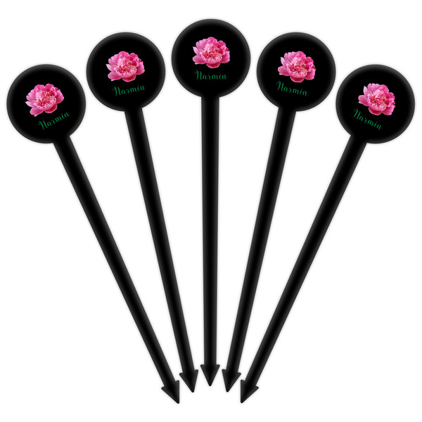Watercolor Peonies Black Plastic 6" Food Pick - Round - Fan View