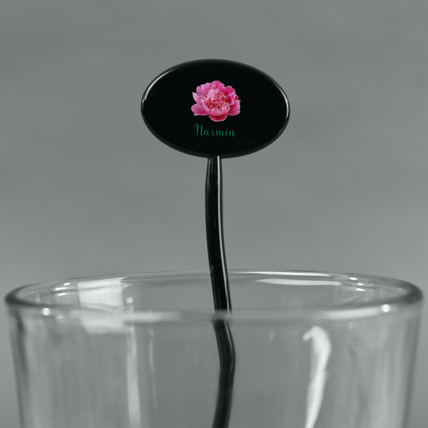 Watercolor Peonies Black Plastic 7" Stir Stick - Oval - Main