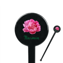 Watercolor Peonies 7" Round Plastic Stir Sticks - Black - Double Sided (Personalized)