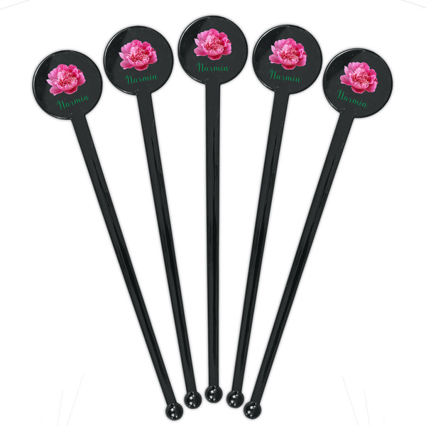 Watercolor Peonies Black Plastic 7" Stir Stick - Round - Fan View
