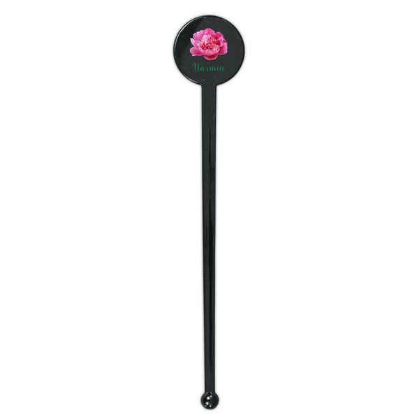 Watercolor Peonies Black Plastic 7" Stir Stick - Round - Single Stick
