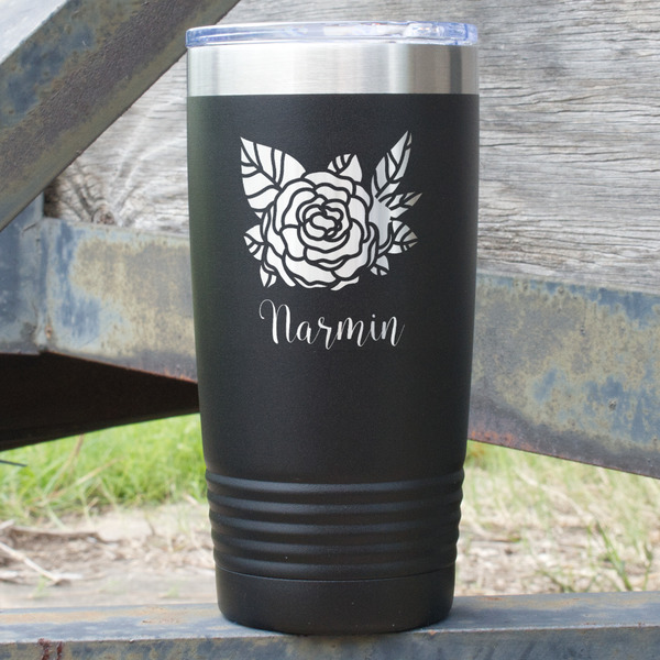 Custom Watercolor Peonies 20 oz Stainless Steel Tumbler - Black - Double Sided (Personalized)