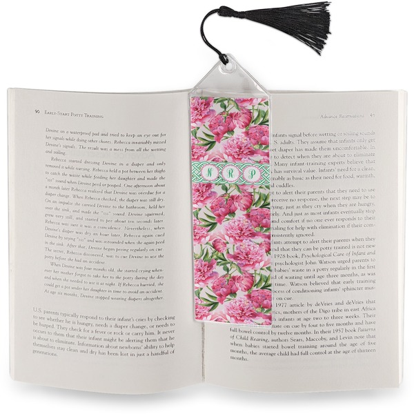 Watercolor Peonies Bookmark with tassel - In book
