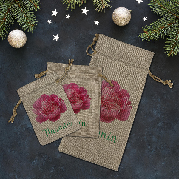 Watercolor Peonies Burlap Gift Bags - LIFESTYLE (Flat lay)