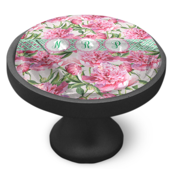 Watercolor Peonies Cabinet Knob - Black - Side