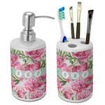 Watercolor Peonies Ceramic Bathroom Accessories Set (Personalized)