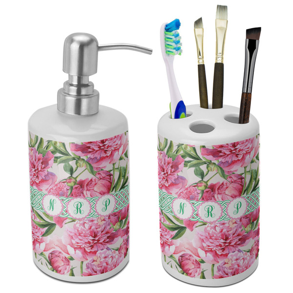 Custom Watercolor Peonies Ceramic Bathroom Accessories Set (Personalized)