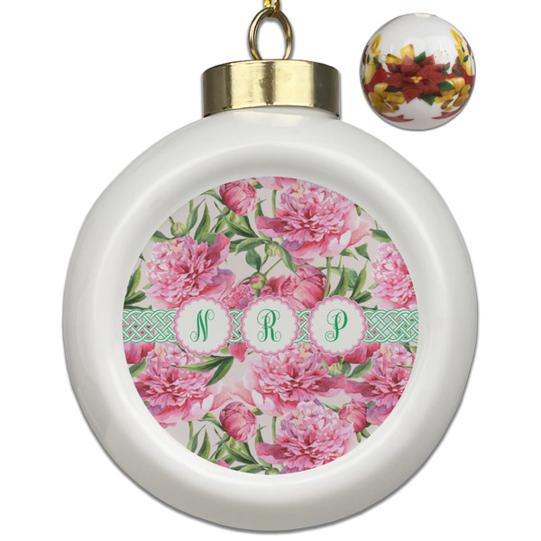 Custom Watercolor Peonies Ceramic Ball Ornaments - Poinsettia Garland (Personalized)