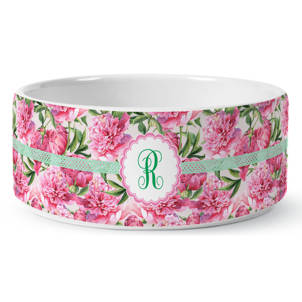 Watercolor Peonies Ceramic Dog Bowl - Medium - Front