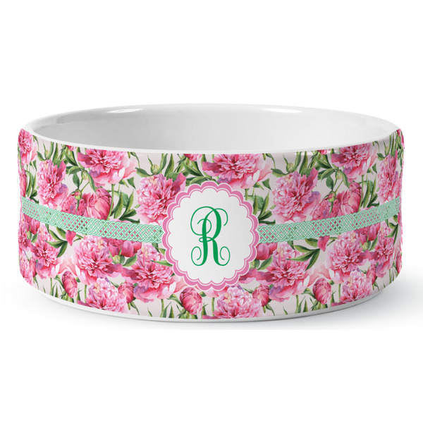 Custom Watercolor Peonies Ceramic Dog Bowl - Medium (Personalized)