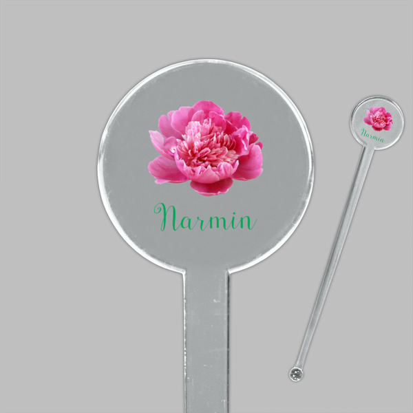 Watercolor Peonies Clear Plastic 7" Stir Stick - Round - Closeup