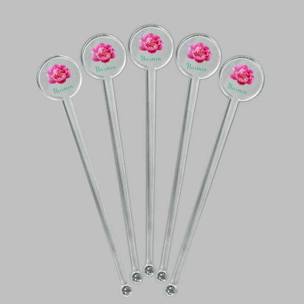 Watercolor Peonies Clear Plastic 7" Stir Stick - Round - Fan View