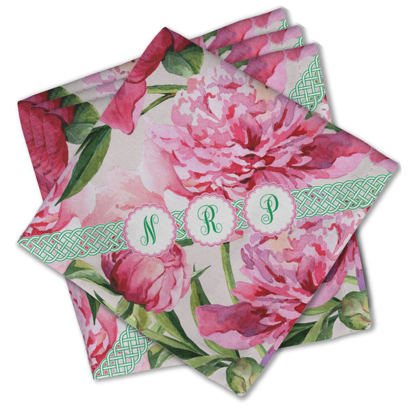 Custom Watercolor Peonies Cloth Cocktail Napkins - Set of 4 w/ Multiple Names