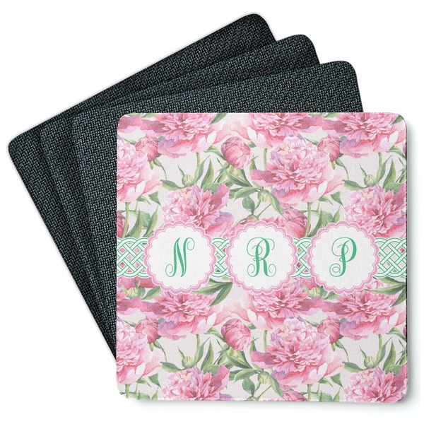 Custom Watercolor Peonies Square Rubber Backed Coasters - Set of 4 (Personalized)