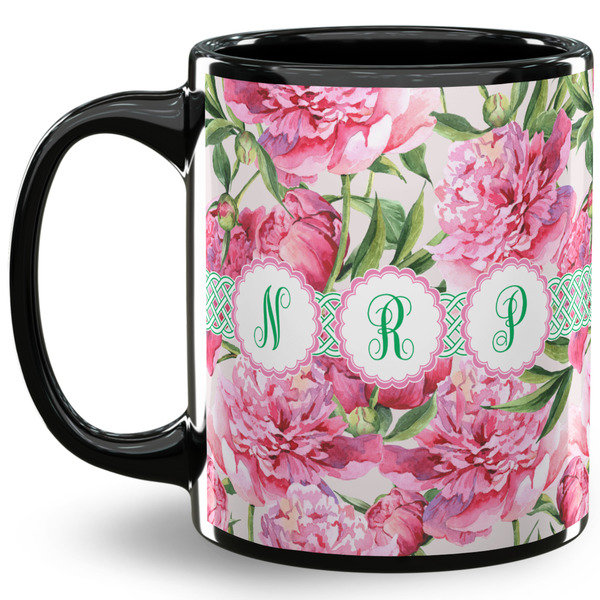 Custom Watercolor Peonies 11 Oz Coffee Mug - Black (Personalized)