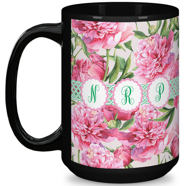 Custom Watercolor Peonies 15 Oz Coffee Mug - Black (Personalized)