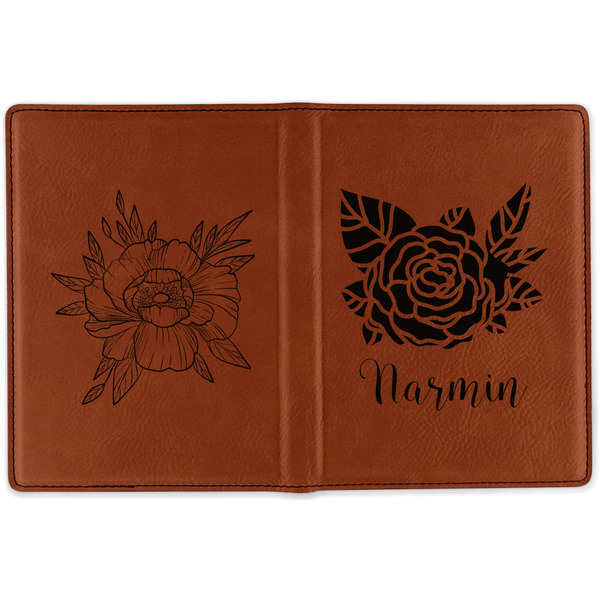 Watercolor Peonies Cognac Leather Passport Holder Outside Double Sided - Apvl