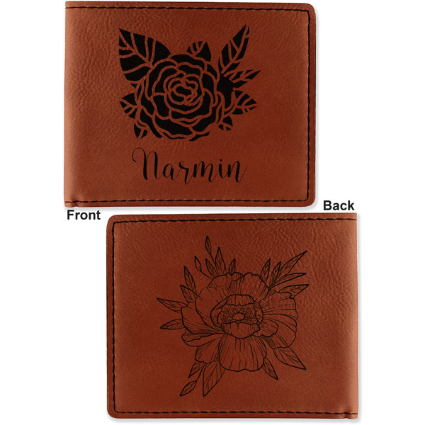 Watercolor Peonies Cognac Leatherette Bifold Wallets - Front and Back