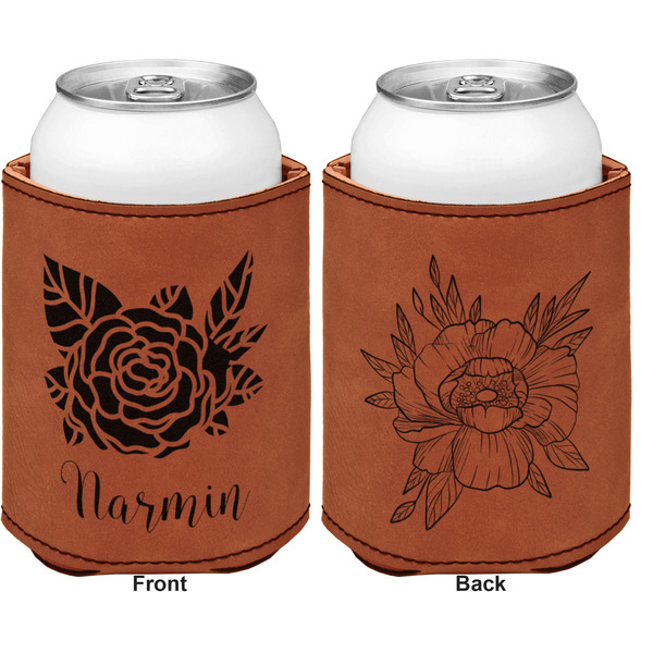 Watercolor Peonies Cognac Leatherette Can Sleeve - Double Sided Front and Back