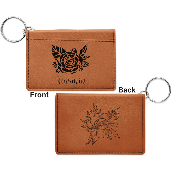 Watercolor Peonies Cognac Leatherette Keychain ID Holders - Front and Back Apvl