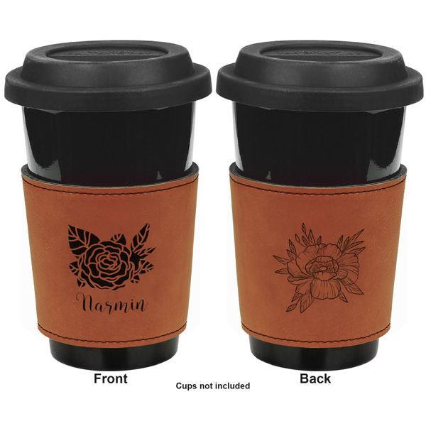 Watercolor Peonies Cognac Leatherette Mug Sleeve - Double Sided Apvl