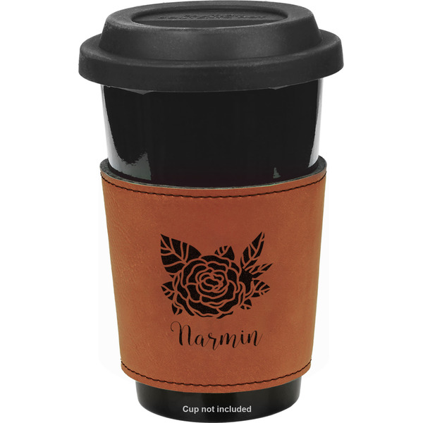 Watercolor Peonies Cognac Leatherette Mug Sleeve - Front