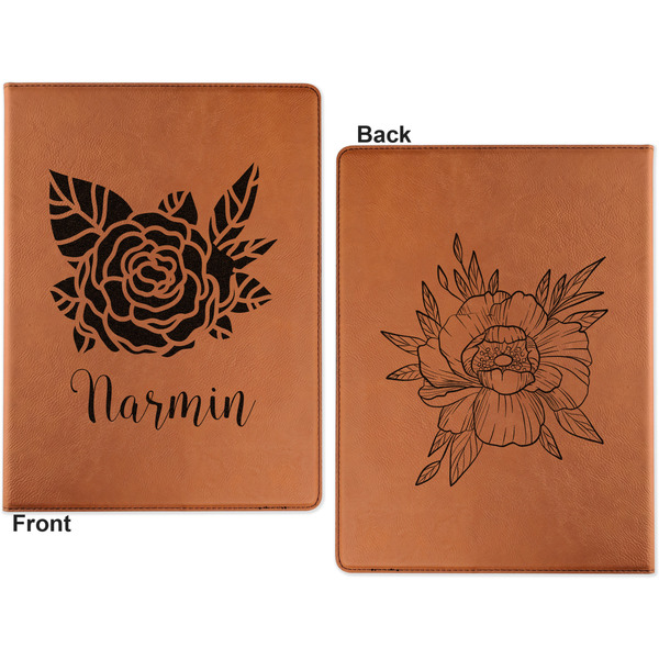 Watercolor Peonies Cognac Leatherette Portfolios with Notepad - Large - Double Sided - Apvl