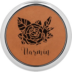 Watercolor Peonies Leatherette Round Coaster w/ Silver Edge - Single or Set (Personalized)