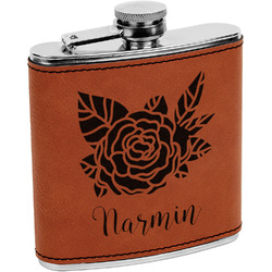 Watercolor Peonies Leatherette Wrapped Stainless Steel Flask (Personalized)