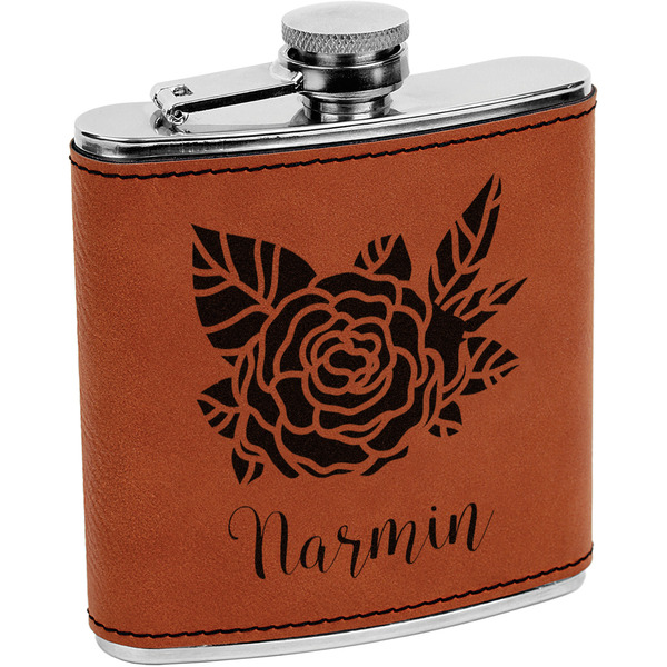 Custom Watercolor Peonies Leatherette Wrapped Stainless Steel Flask (Personalized)