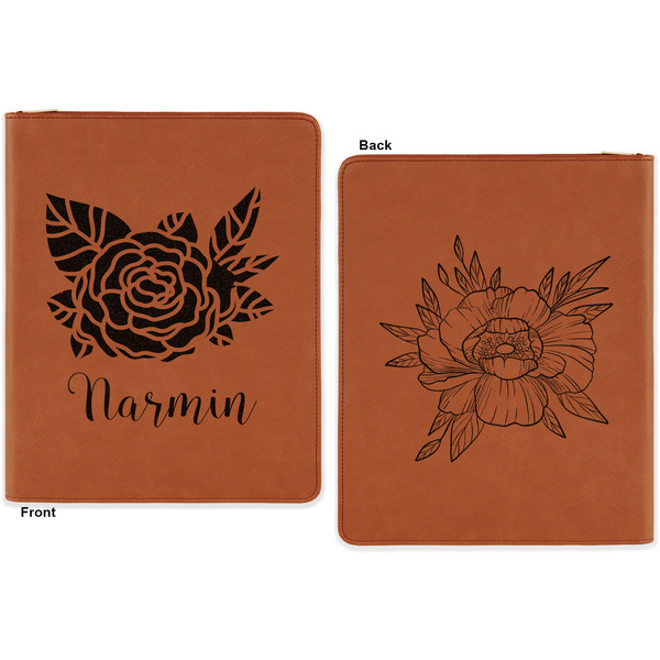 Watercolor Peonies Cognac Leatherette Zipper Portfolios with Notepad - Double Sided - Apvl