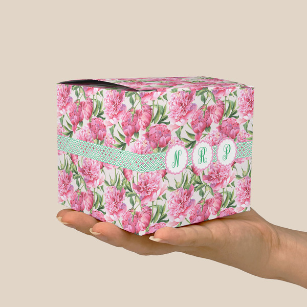 Watercolor Peonies Cube Favor Gift Box - On Hand - Scale View