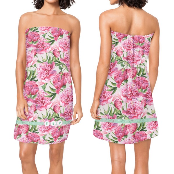 Watercolor Peonies Custom Bath Wrap - Front & Back View