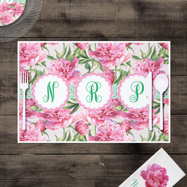 Watercolor Peonies Disposable Paper Placemat - In Context