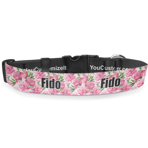 Custom Watercolor Peonies Deluxe Dog Collar - Double Extra Large (20.5" to 35") (Personalized)