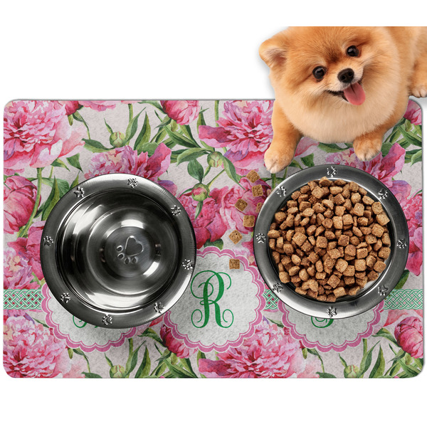 Custom Watercolor Peonies Dog Food Mat - Small w/ Multiple Names