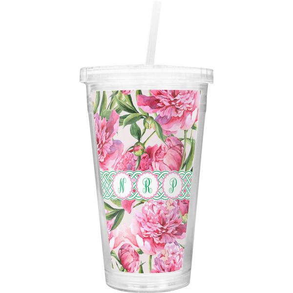 Custom Watercolor Peonies Double Wall Tumbler with Straw (Personalized)