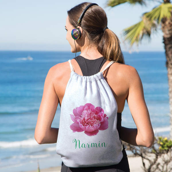 Watercolor Peonies Drawstring Backpacks - Sweatshirt Fleece - Double Sided - LIFESTYLE