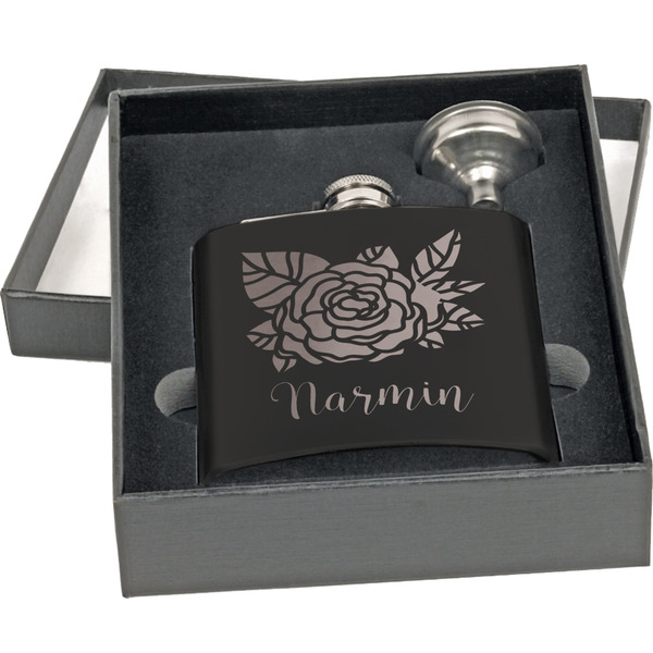 Watercolor Peonies Engraved Black Flask Gift Set