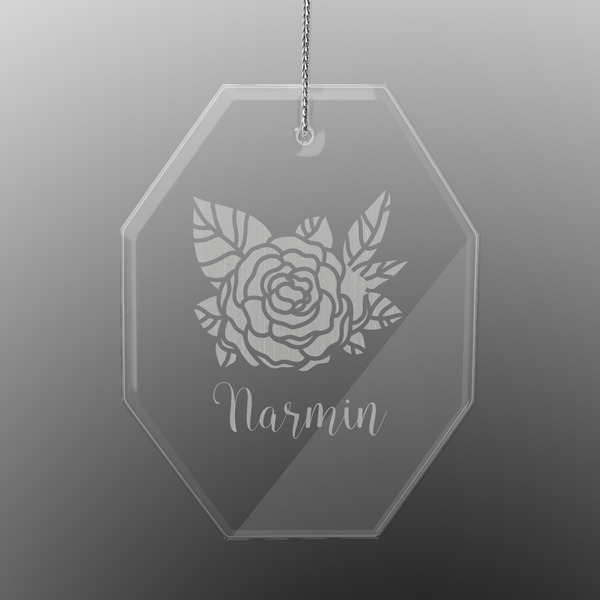 Custom Watercolor Peonies Engraved Glass Ornament - Octagon (Personalized)