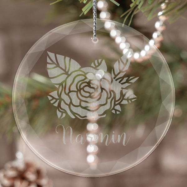 Custom Watercolor Peonies Engraved Glass Ornament (Personalized)