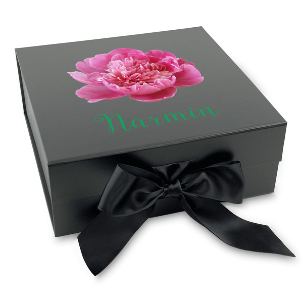 Custom Watercolor Peonies Gift Box with Magnetic Lid - Black (Personalized)